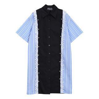 Short-sleeve Pinstriped Panel Shirt Dress Blue & Black - One Size