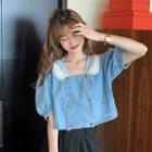 Lace Short-sleeve Denim Top As Figure - One Size