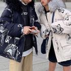 Couple Matching Furry Trim Printed Hooded Padded Jacket