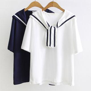 Elbow-sleeve T-shirt With Contrast Trim Shawl
