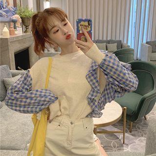 Mock Two-piece Checked Long-sleeve Top