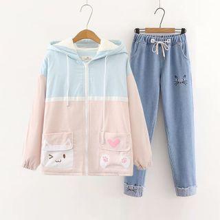 Set: Hooded Zip-up Jacket + Straight-leg Jeans