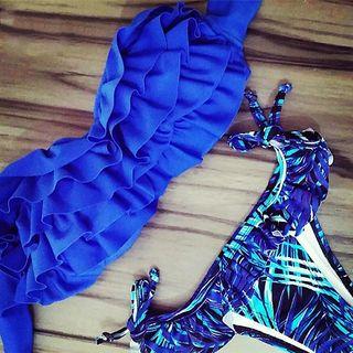 Set: Ruffle Trim Bandeau Bikini Top + Printed Bottom