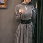 Mock Turtleneck Cutout Long-sleeve Midi A-line Dress