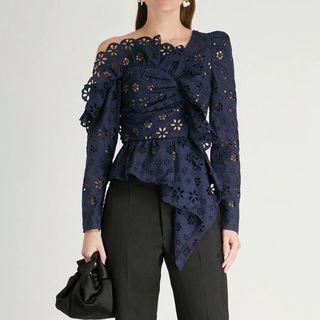 Eyelet Lace Asymmetric One-shoulder Blouse
