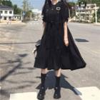 Drawstring-cuff Elbow-sleeve Midi A-line Dress Black - One Size