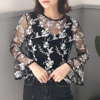 Set : Mesh Bell-sleeve Top + Velvet Tank Top