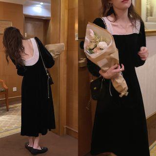 Puff-sleeve Faux Pearl Velvet Dress Black - One Size