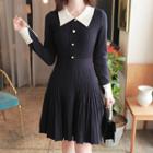 Contrast-collar Buttoned Flare Rib-knit Dress
