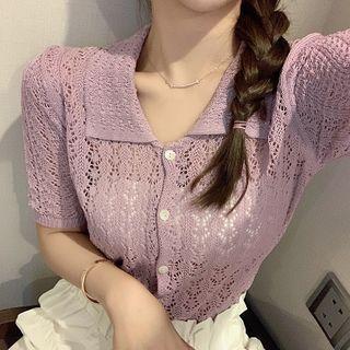 Short-sleeve Pointelle Polo Knit Top