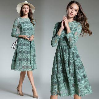 Long-sleeved Floral Print Tie-waist A-line Panel Lace Dress