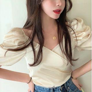 Short-sleeve Crinkled Blouse Almond - One Size