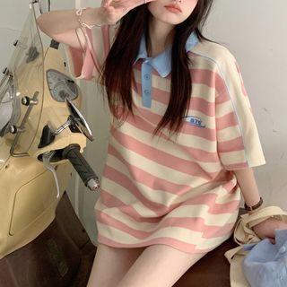 Elbow-sleeve Striped Polo Shirt Stripe - Pink & White - One Size