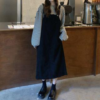 Corduroy Overall Midi Dress / Striped Top