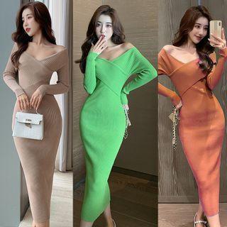 Off-shoulder Wrap Knit Midi Sheath Dress