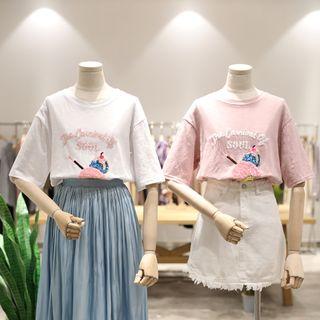 Elbow-sleeve Sequined Ice-cream T-shirt