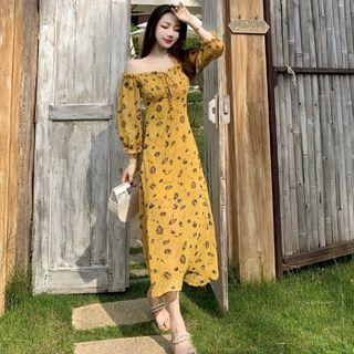 Puff-sleeve Off-shoulder Floral Print A-line Midi Dress