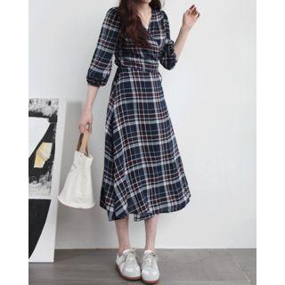 Plaid Long Surplice-wrap Dress