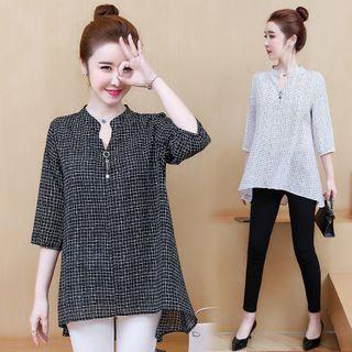Elbow-sleeve Check V-neck Blouse