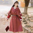 Flower Embroidered Flared-sleeve Midi Button Coat