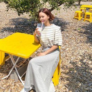 Set: Stripe Blouson Top + Maxi Flare Skirt