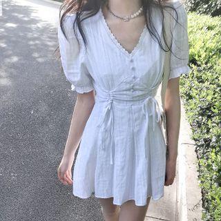 Short-sleeve V-neck Drawstring Mini A-line Dress