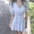 Short-sleeve V-neck Drawstring Mini A-line Dress
