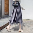 Asymmetric Mesh Paneled Velvet A-line Midi Pleated Skirt