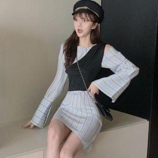 Long-sleeve Striped Paneled Mini A-line Dress