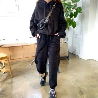 Set: Hooded Fleece Top + Sweatpants Black - One Size