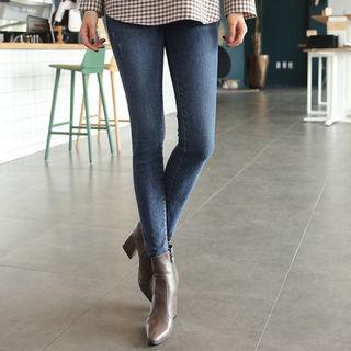 Frayed Brushed-fleece Lined Skinny Jeans