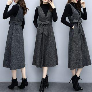 Set: Plain Sweater + Tie-waist Midi Pinafore Dress