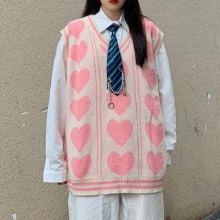 V-neck Heart Print Knit Vest / Long Sleeve Plain Shirt