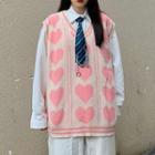 V-neck Heart Print Knit Vest / Long Sleeve Plain Shirt