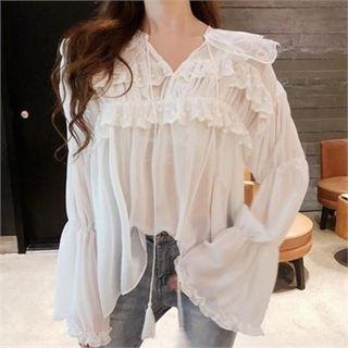 Tassel-detail Lace-trim Chiffon Top Ivory - One Size
