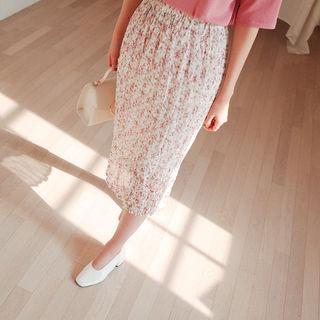 Band-waist Floral Crinkled Midi Skirt