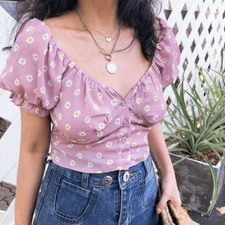 Short-sleeve Floral Print Button Top