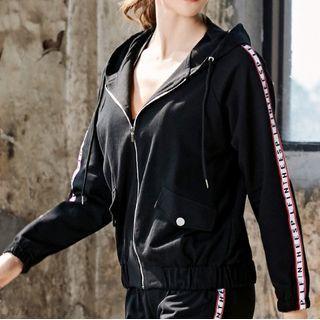 Contrast Trim Lettering Sports Zip-up Hoodie