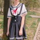 Short-sleeve Sailor Collar Shirt / Pleated Jumper Dress / Set: Short-sleeve Sailor Collar Shirt + Pleated Jumper Dress