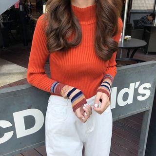 Striped Cuff Long Sleeve High Neck Knit Top