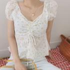 Puff-sleeve Drawstring Floral Print Blouse White - One Size