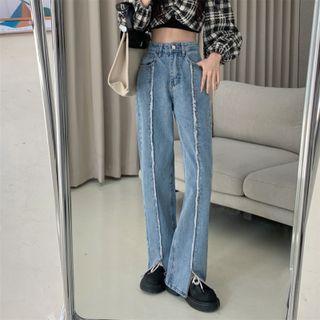 Fray Hem Slit Straight Leg Jeans