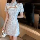 Puff-sleeve Floral Lace Cutout Mini Sheath Dress