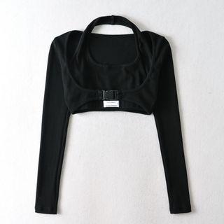 Set: Halter-neck Cropped Top + Long-sleeve Buckled Cropped T-shirt
