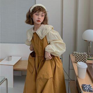 Layered Collar Blouse / Midi A-line Overall Dress / Set