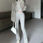 Short-sleeve Open-back Cropped T-shirt / Boot-cut Pants / Fluffy Jacket