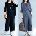 Set: Embroidered 3/4-sleeve T-shirt + Wide Leg Cropped Pants