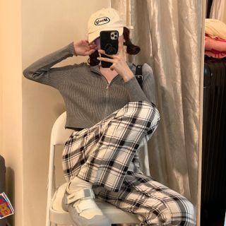 Zip-up Ribbed Polo Knit Top / Plaid Wide Leg Pants