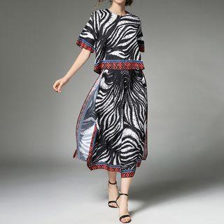 Set: Print Short-sleeve Chiffon Top + Wide-leg Pants