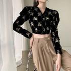V-neck Bear Print Velvet Cropped Blouse